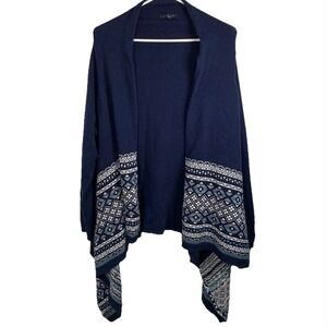 Lands End Navy‎ Blue Fair Isle Open Front Cardigan Sweater L Petite Nordic Ski